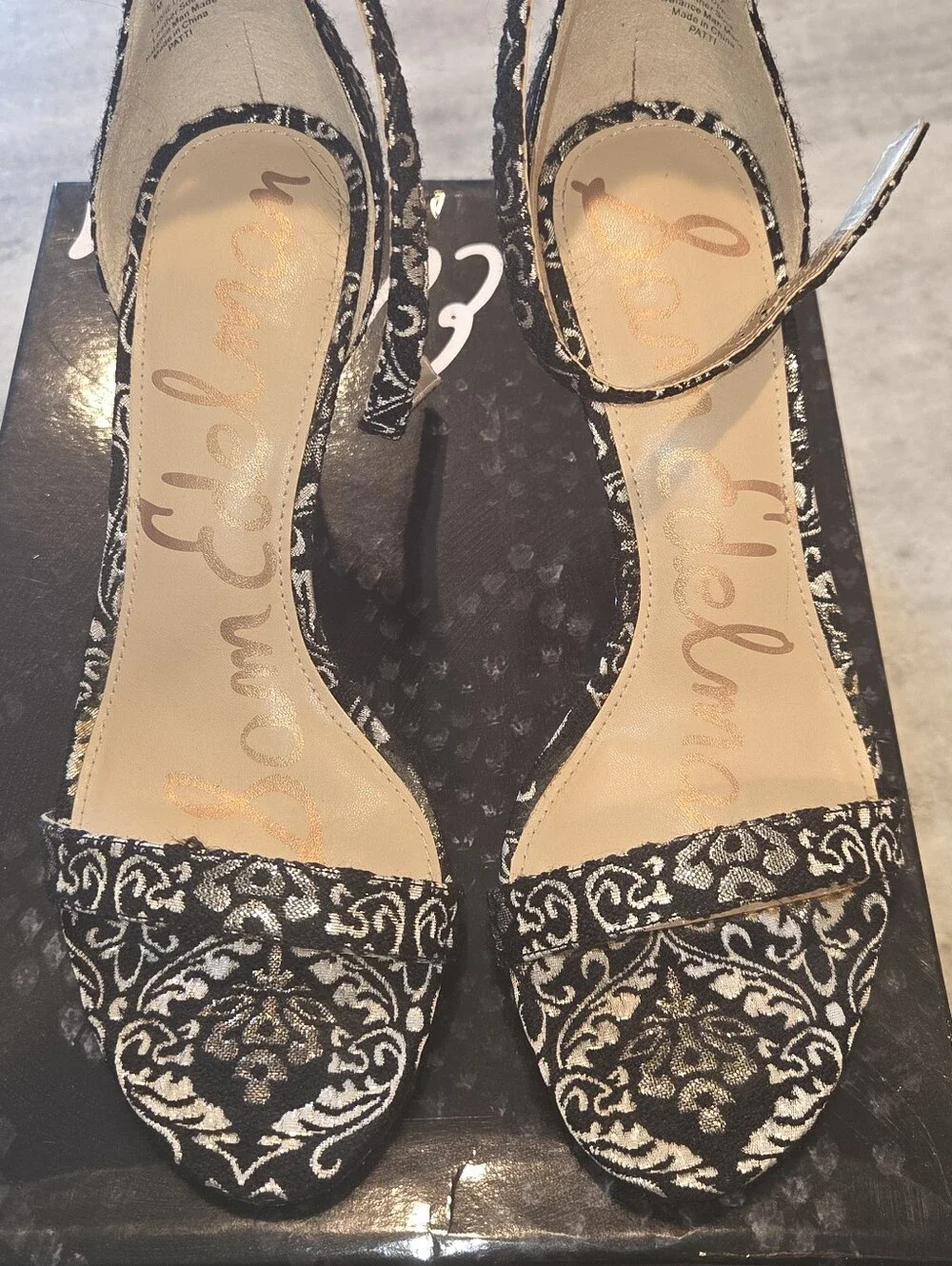 Sam Edelman Black and Gold Embroidered Ankle-Strap Heels